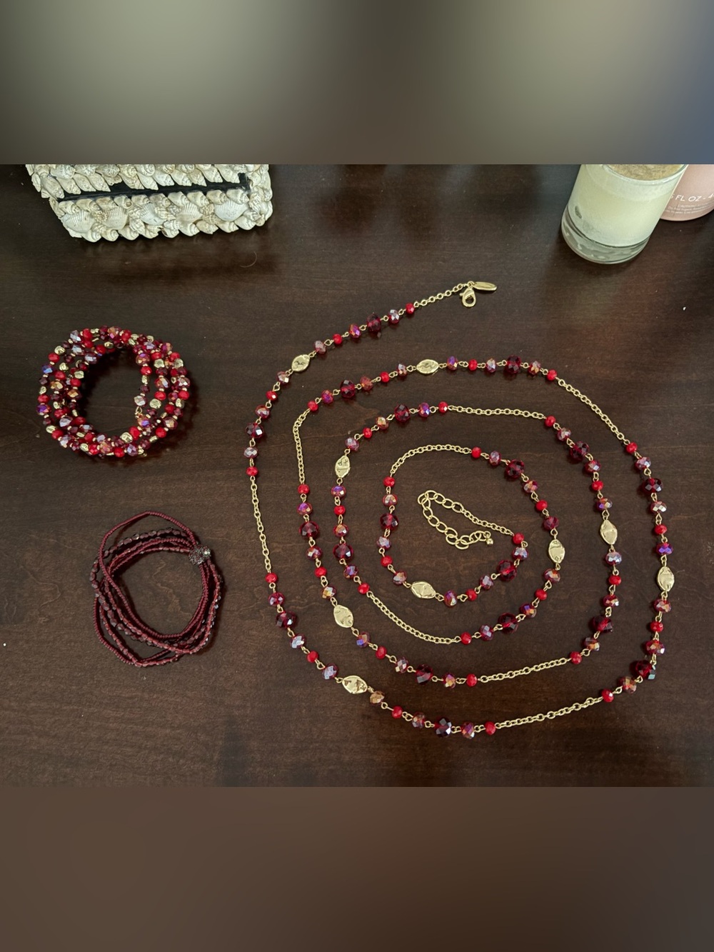 Gold-Tone Red Beaded Layered Necklace and Bracelet set - vintage pieces